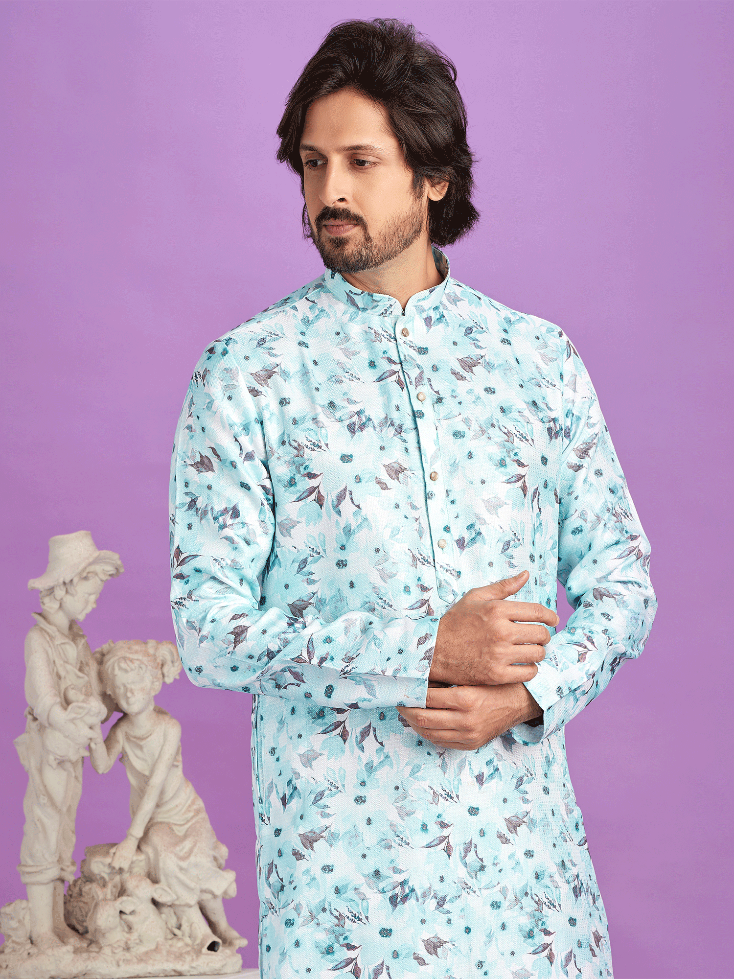 Blue Floral Printed Cotton Kurta Pyjama