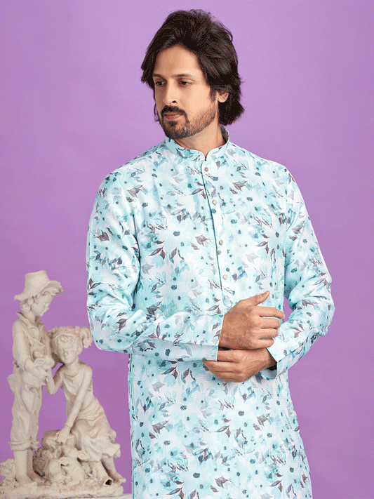 Blue Floral Printed Cotton Kurta Pyjama