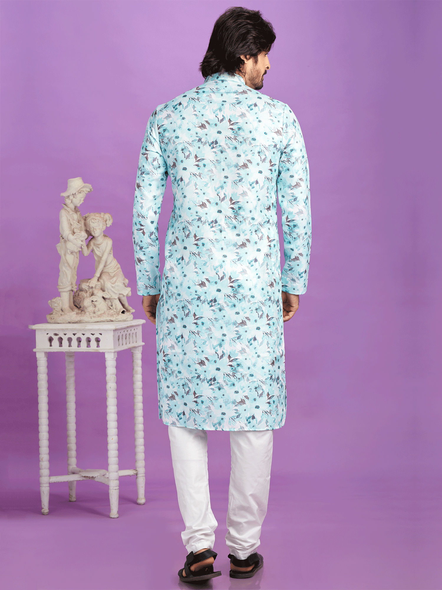 Blue Floral Printed Cotton Kurta Pyjama