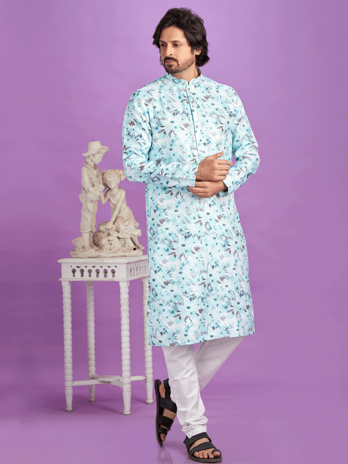 Blue Floral Printed Cotton Kurta Pyjama