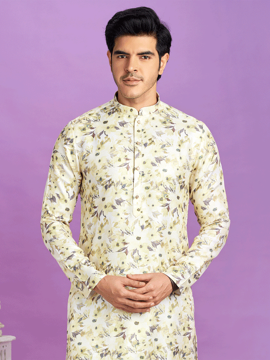 Green Cotton Men's Kurta Set In Print