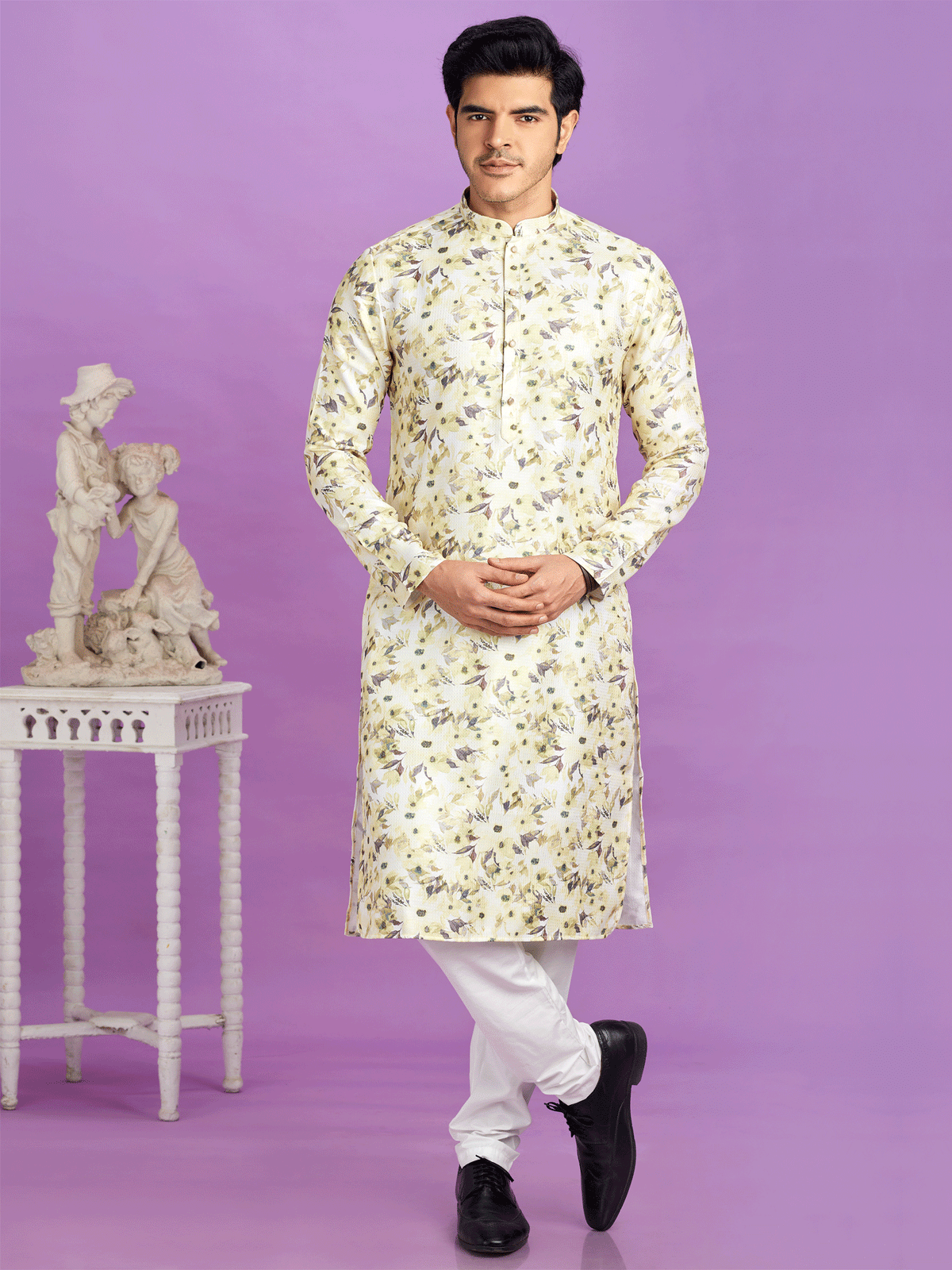 Green Cotton Men's Kurta Set In Print