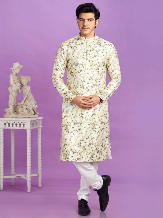 Green Cotton Men's Kurta Set In Print