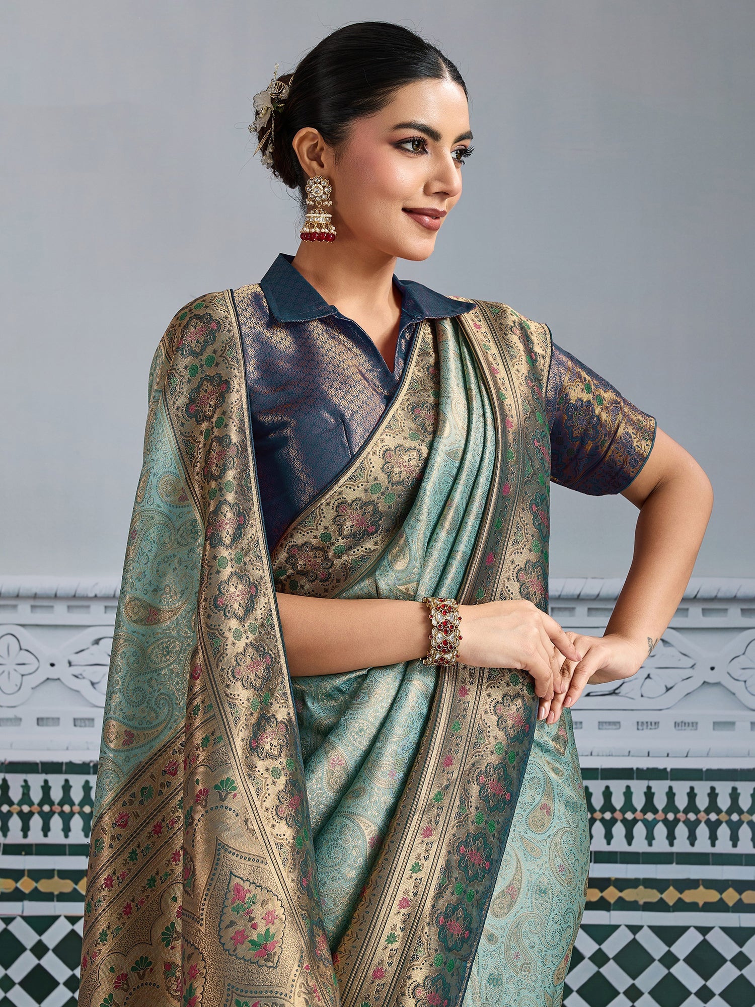 Blue Woven Embroidered Kanjivaram Silk Saree
