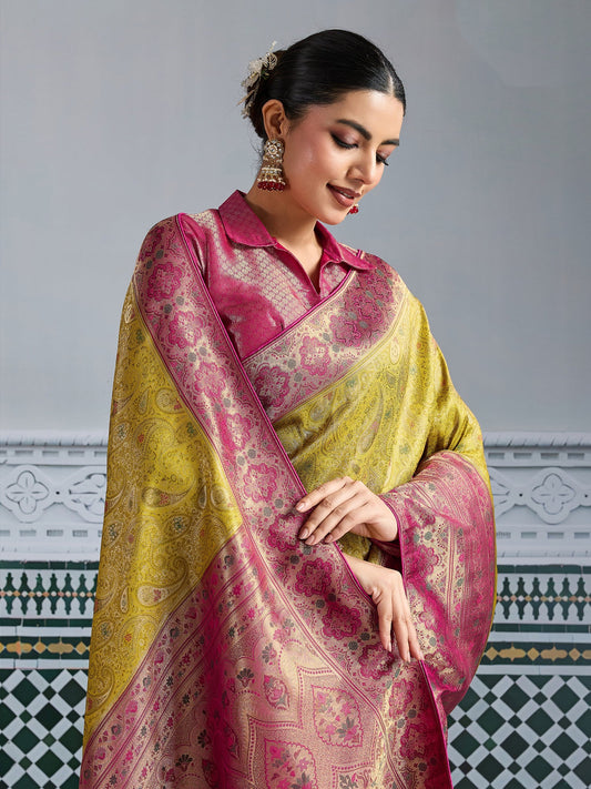 Yellow & Pink Woven Embroidered Kanjivaram Saree