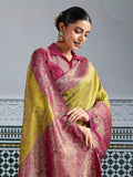 Yellow & Pink Woven Embroidered Kanjivaram Saree