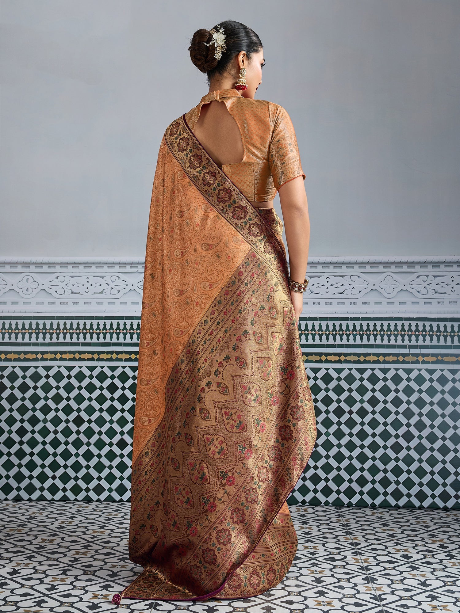 Orange Woven Embroidered Kanjivaram Silk Saree