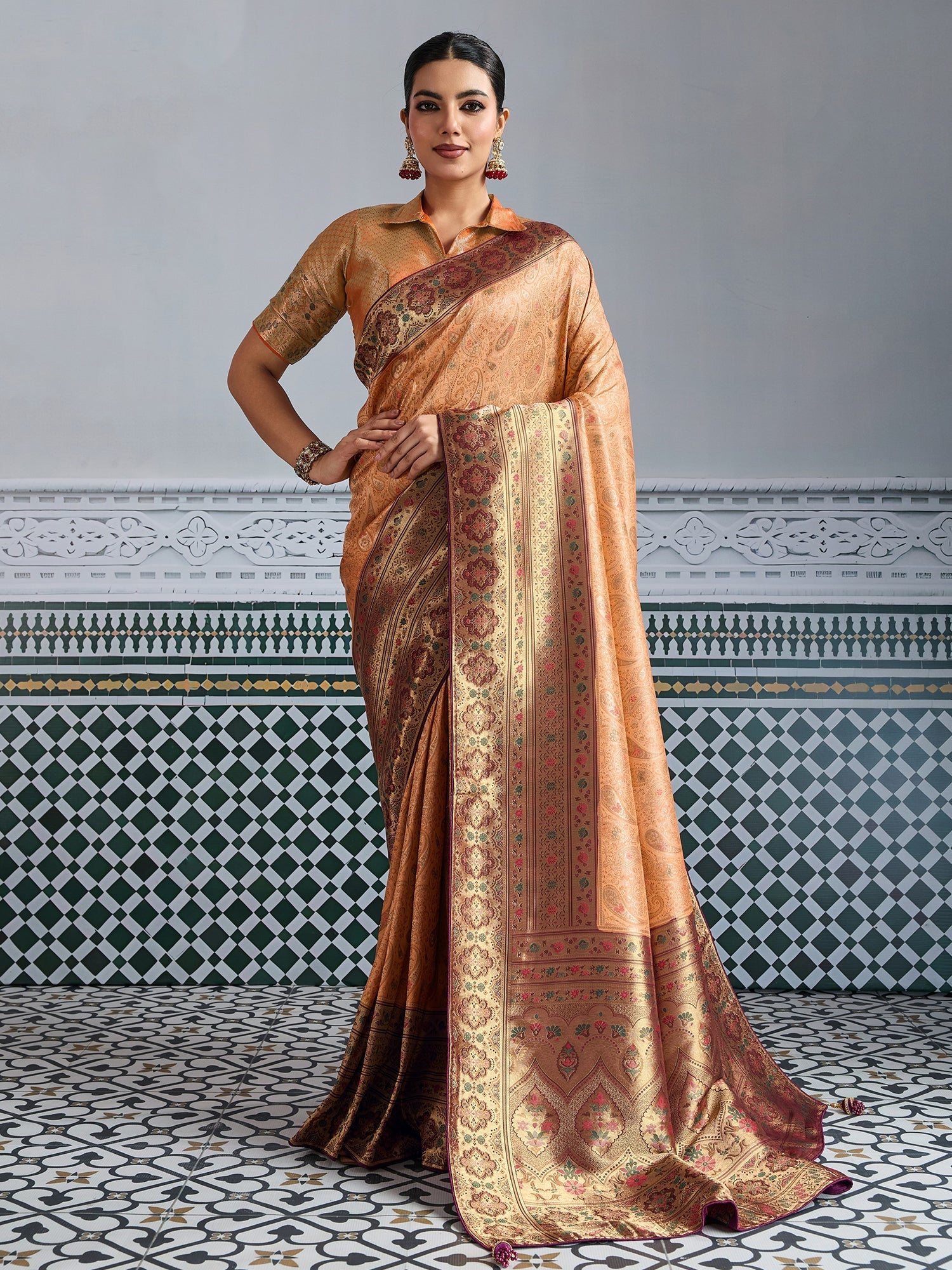 Orange Woven Embroidered Kanjivaram Silk Saree