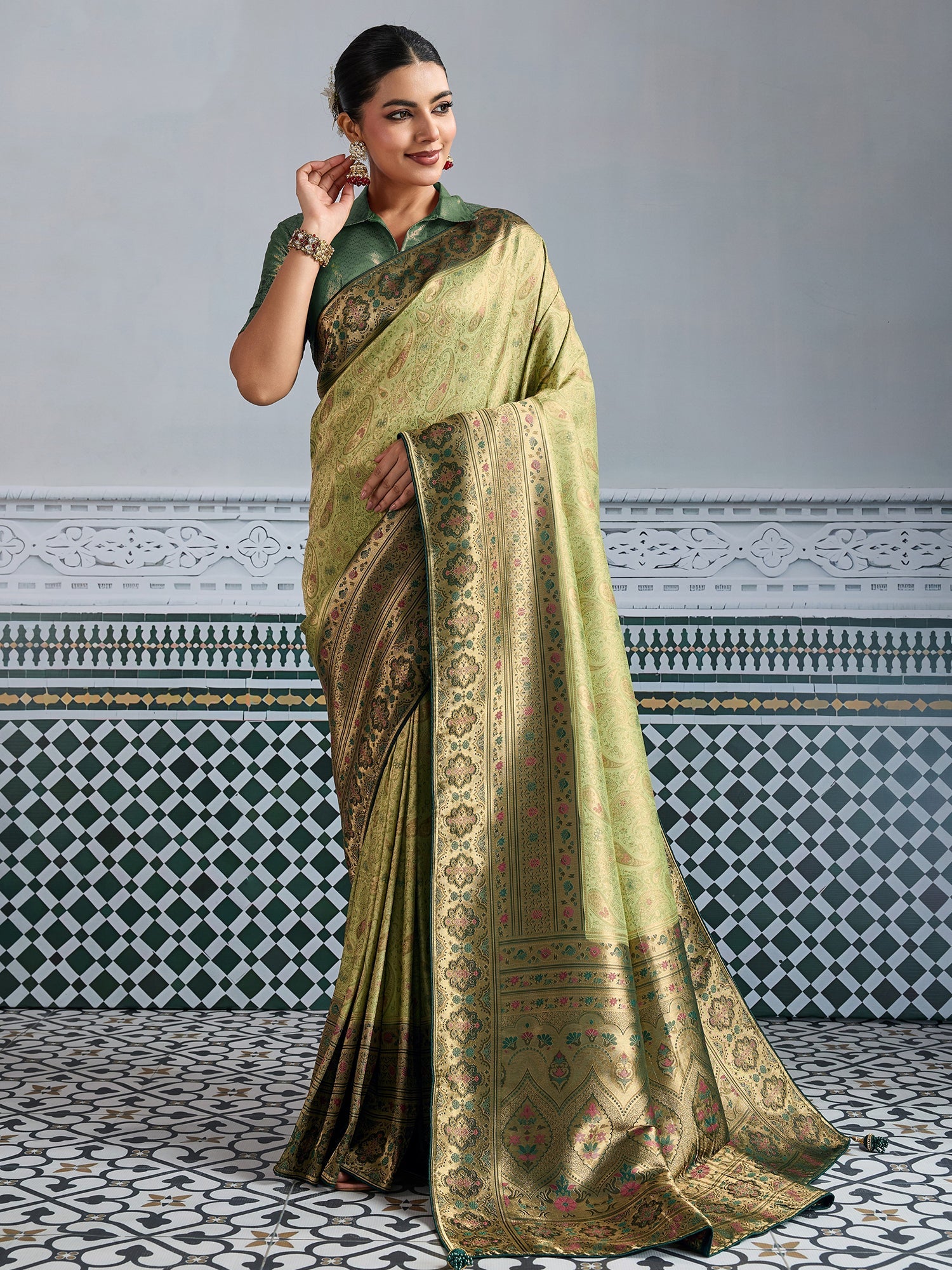 Green Woven Embroidered Kanjivaram Silk Saree