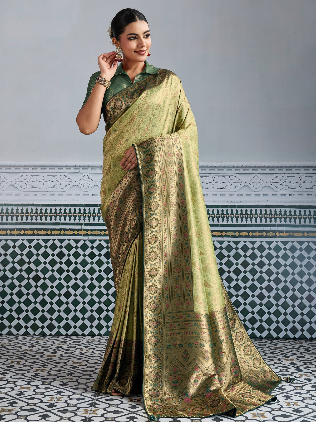 Green Woven Embroidered Kanjivaram Silk Saree
