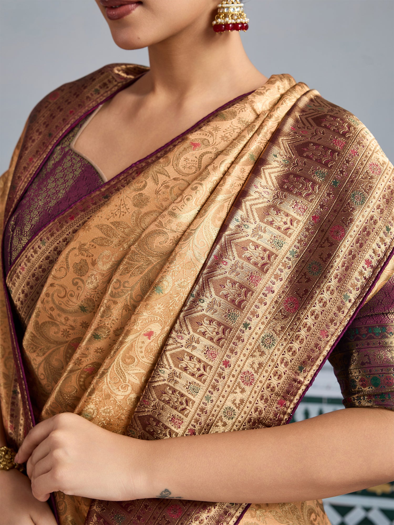 Brown Woven Embroidered Kanjivaram Silk Saree