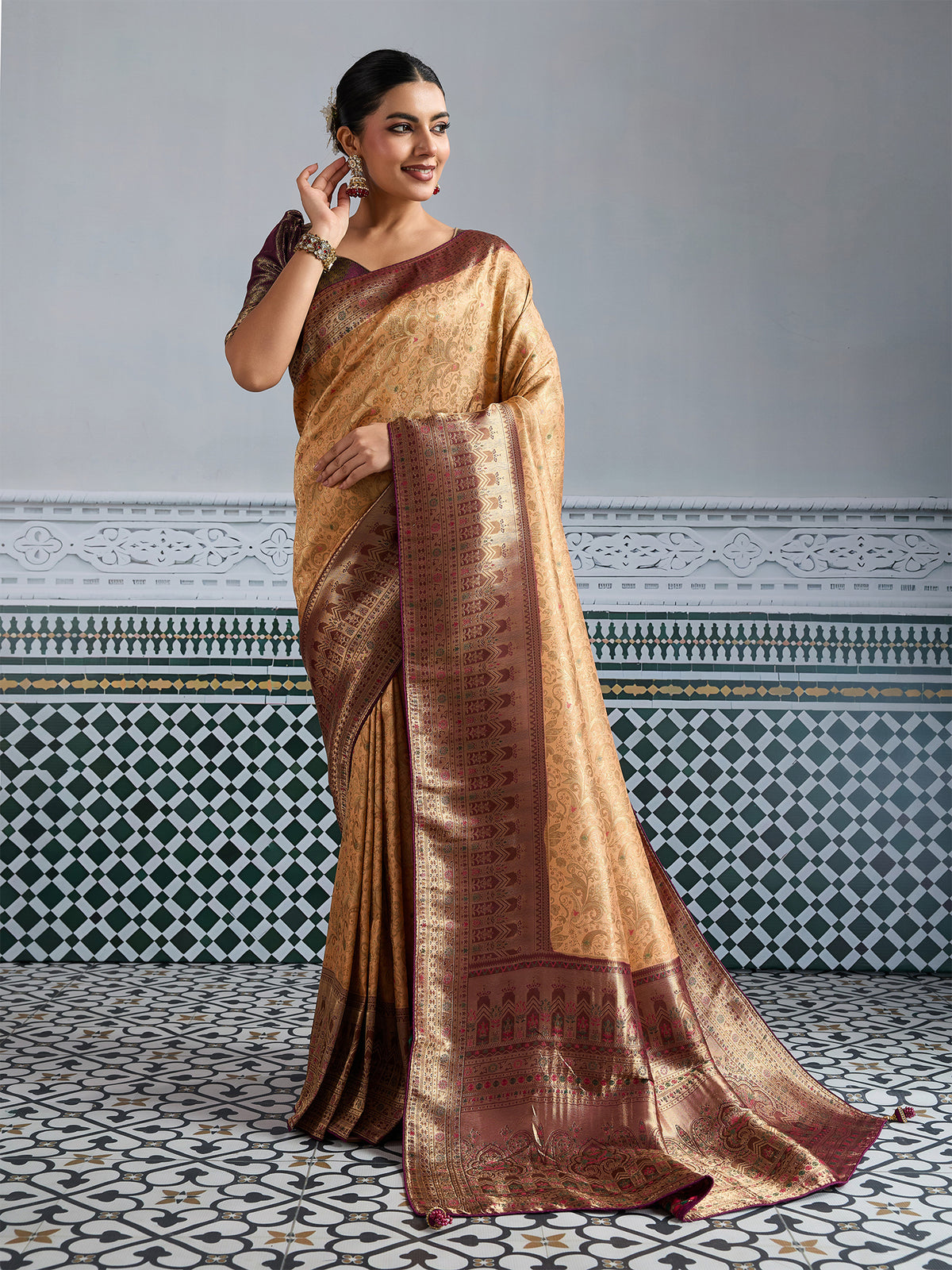 Brown Woven Embroidered Kanjivaram Silk Saree