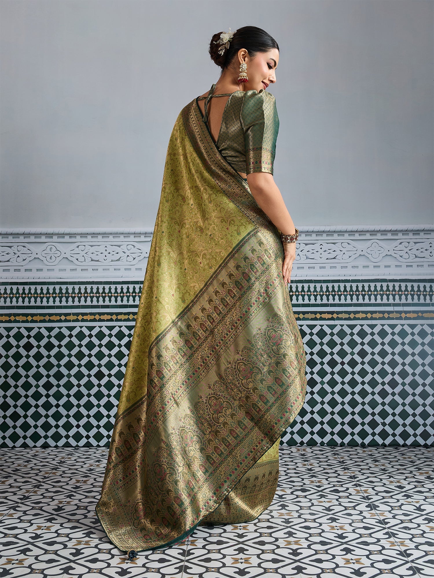 Festive Green Woven Embroidered Kanjivaram Silk Saree