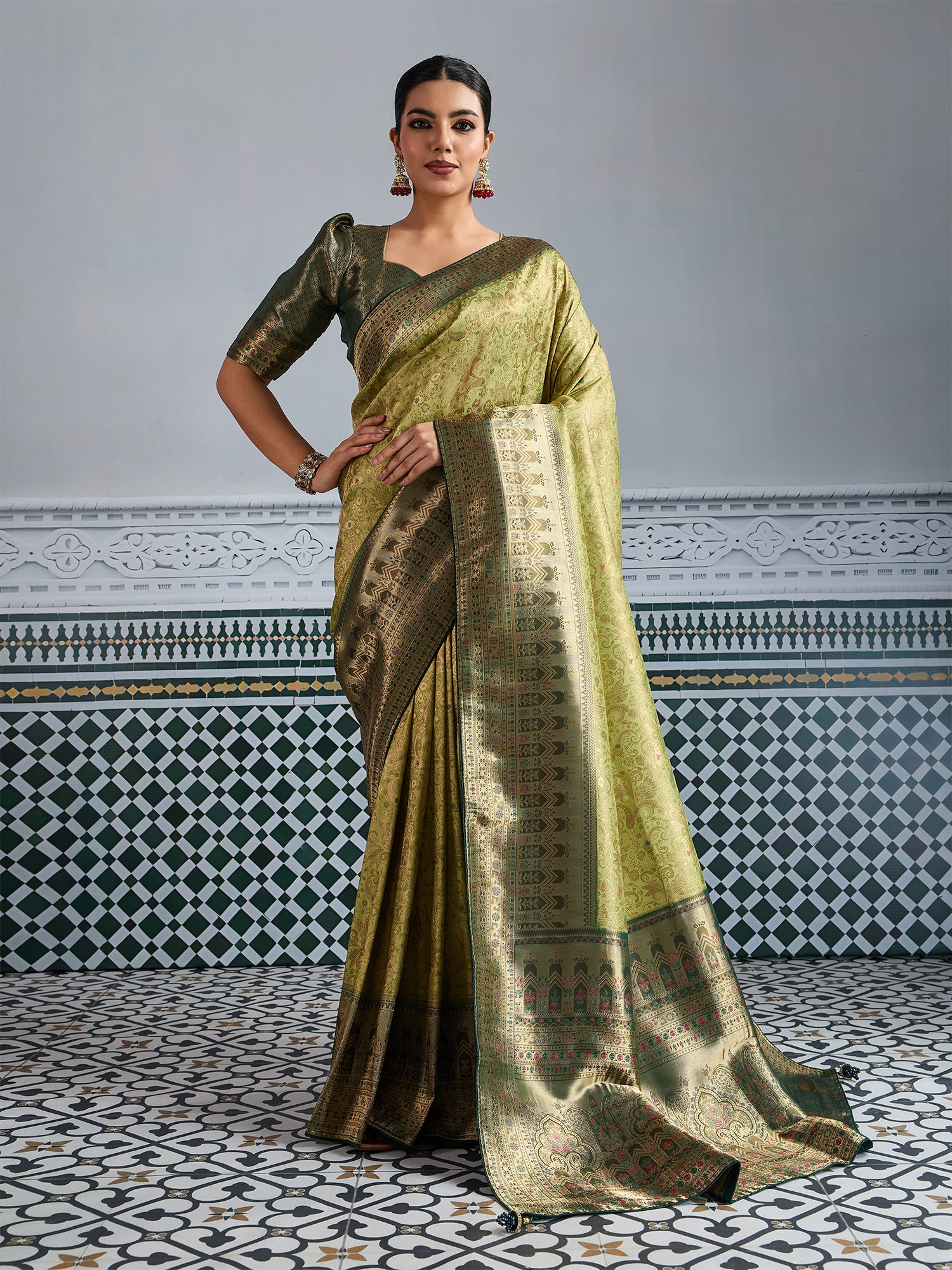 Festive Green Woven Embroidered Kanjivaram Silk Saree