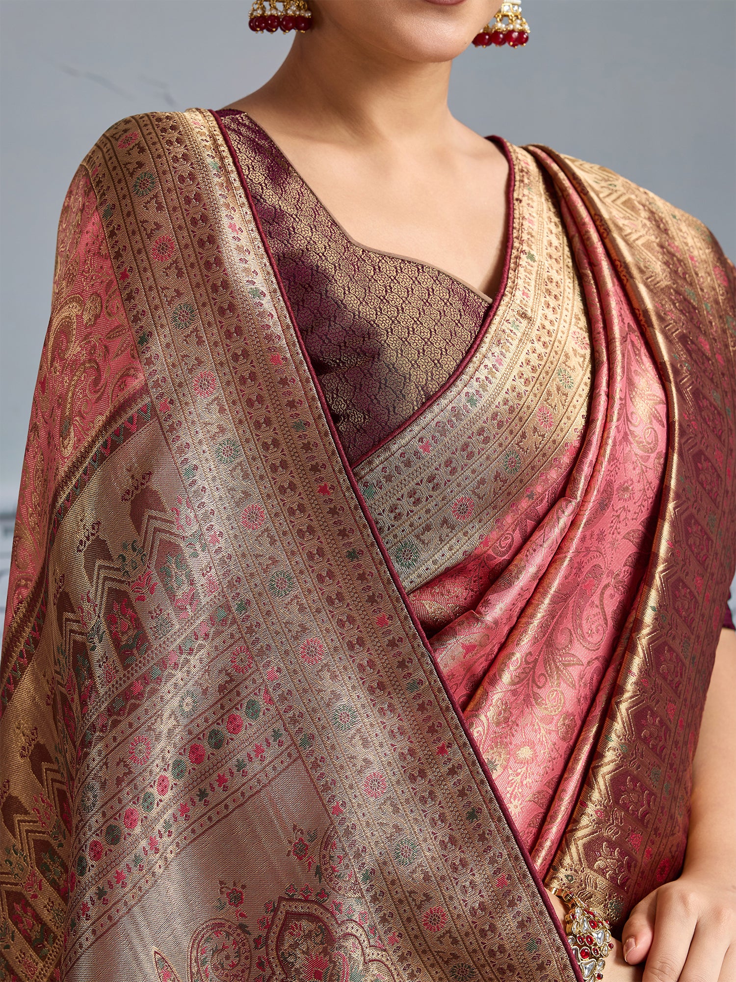 Pink Woven Embroidered Kanjivaram Silk Saree