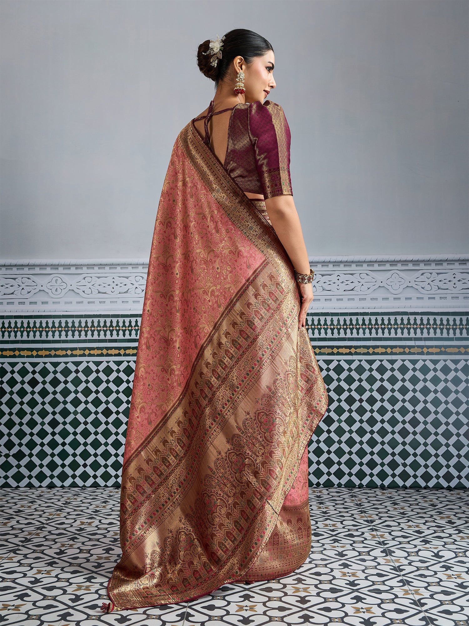 Pink Woven Embroidered Kanjivaram Silk Saree