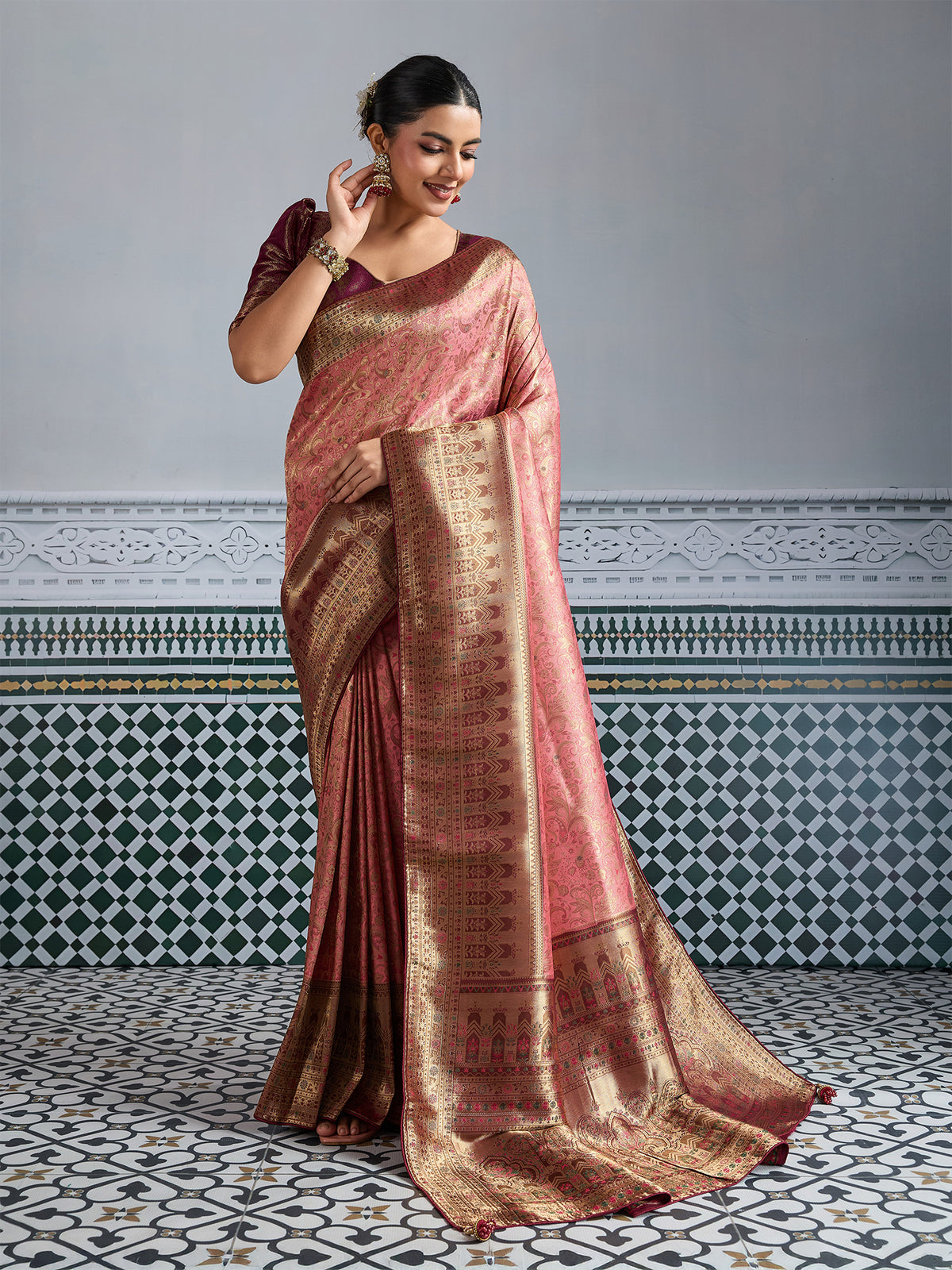 Pink Woven Embroidered Kanjivaram Silk Saree