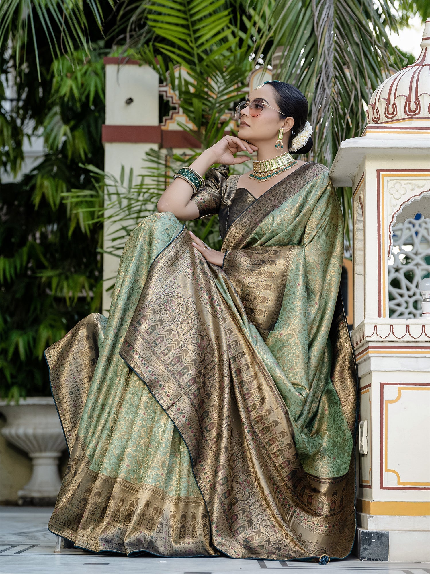Green Woven Embroidered Kanjivaram Silk Saree