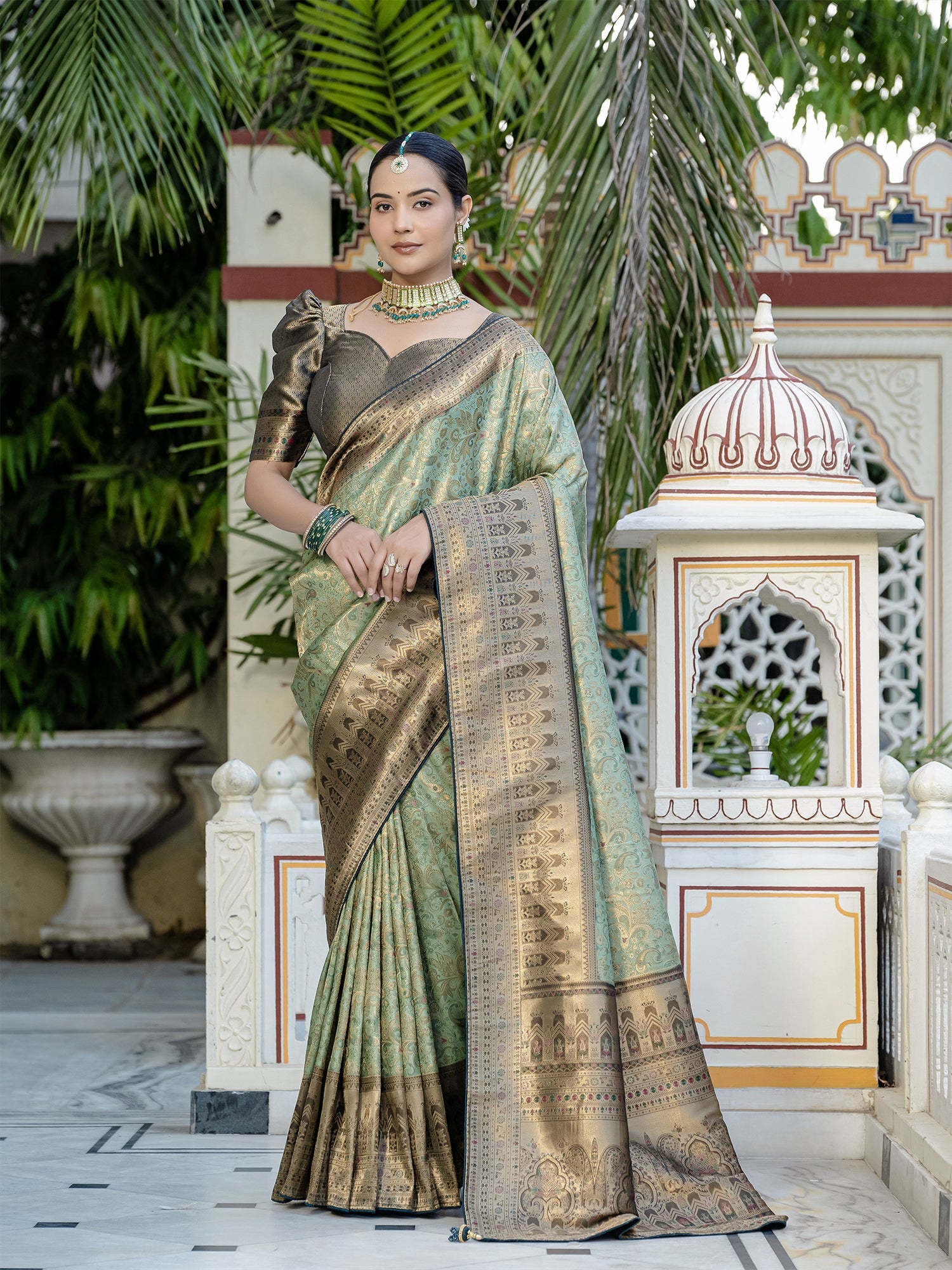 Green Woven Embroidered Kanjivaram Silk Saree