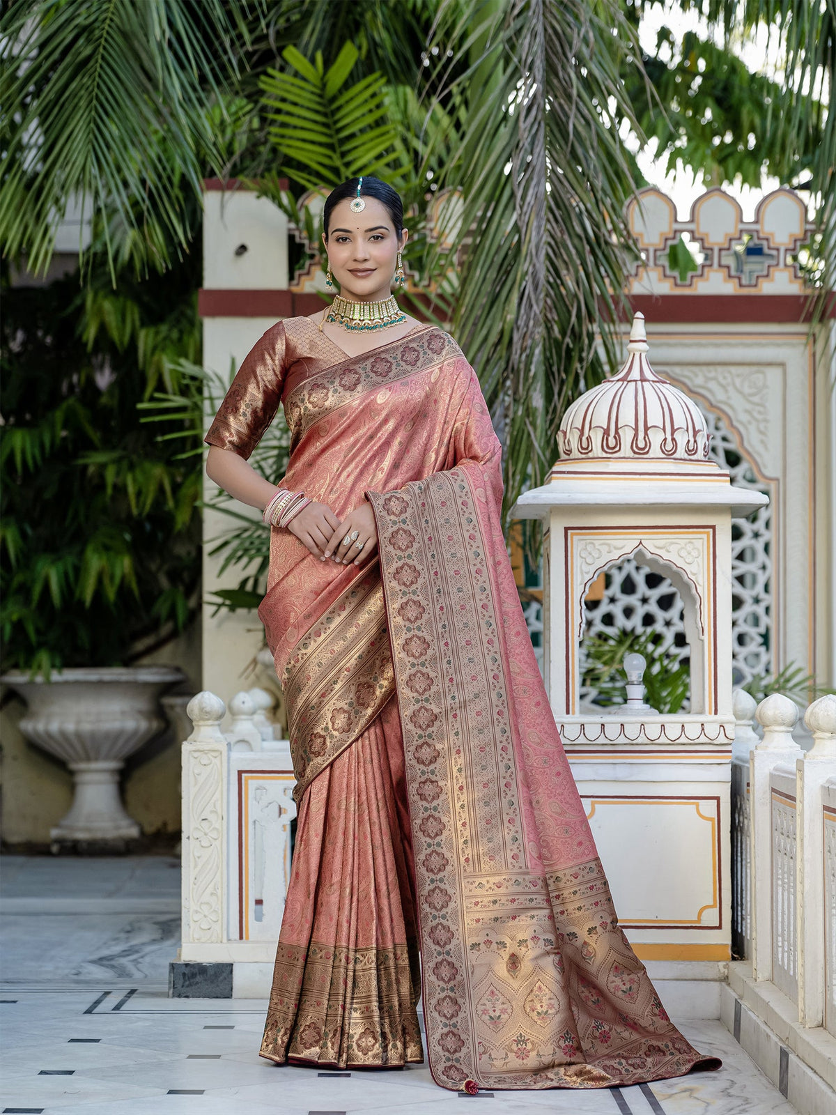 Pink Woven Embroidered Kanjivaram Silk Saree