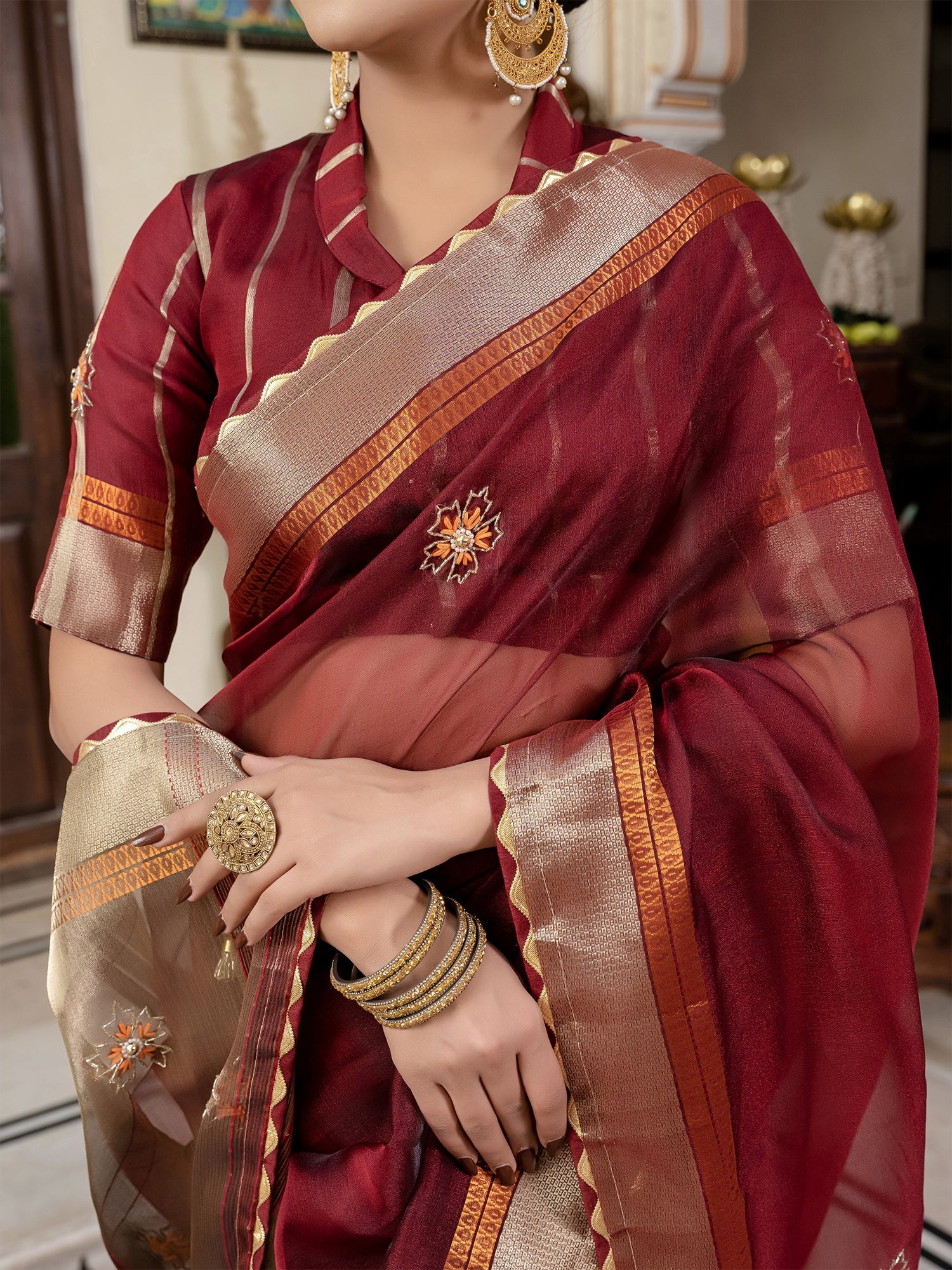 Maroon Linen Cutdana Woven Work Saree