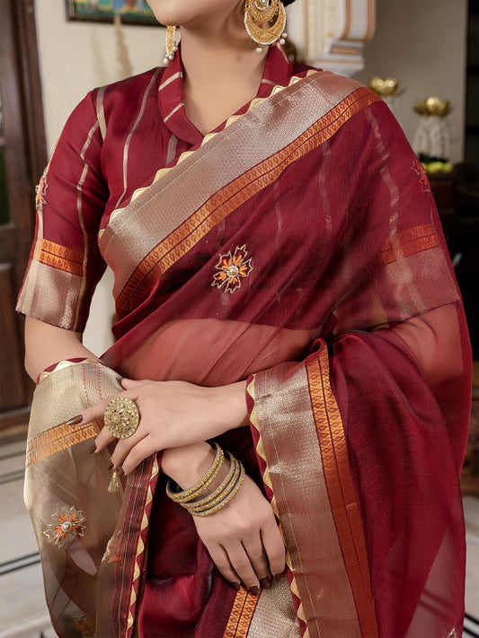 Maroon Linen Cutdana Woven Work Saree