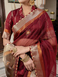 Maroon Linen Cutdana Woven Work Saree