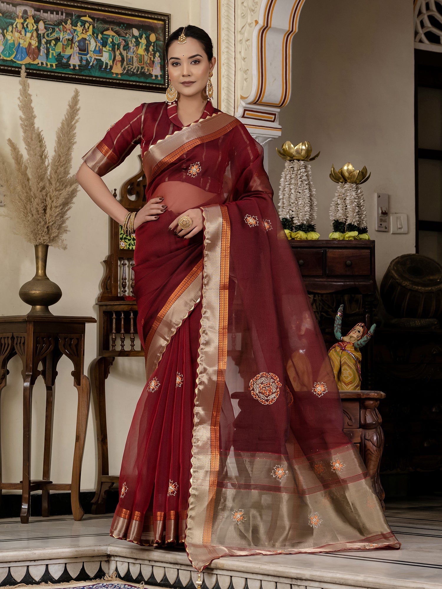 Maroon Linen Cutdana Woven Work Saree