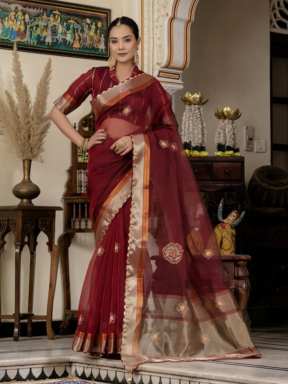 Maroon Linen Cutdana Woven Work Saree
