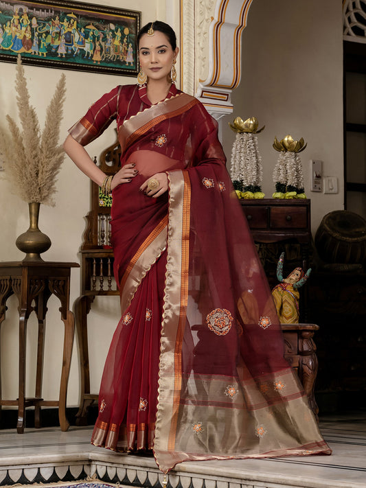 Maroon Linen Cutdana Woven Work Saree