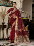 Maroon Linen Cutdana Woven Work Saree