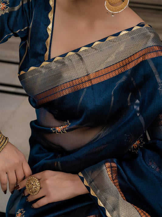 Blue Linen Woven Cutdana Work Saree