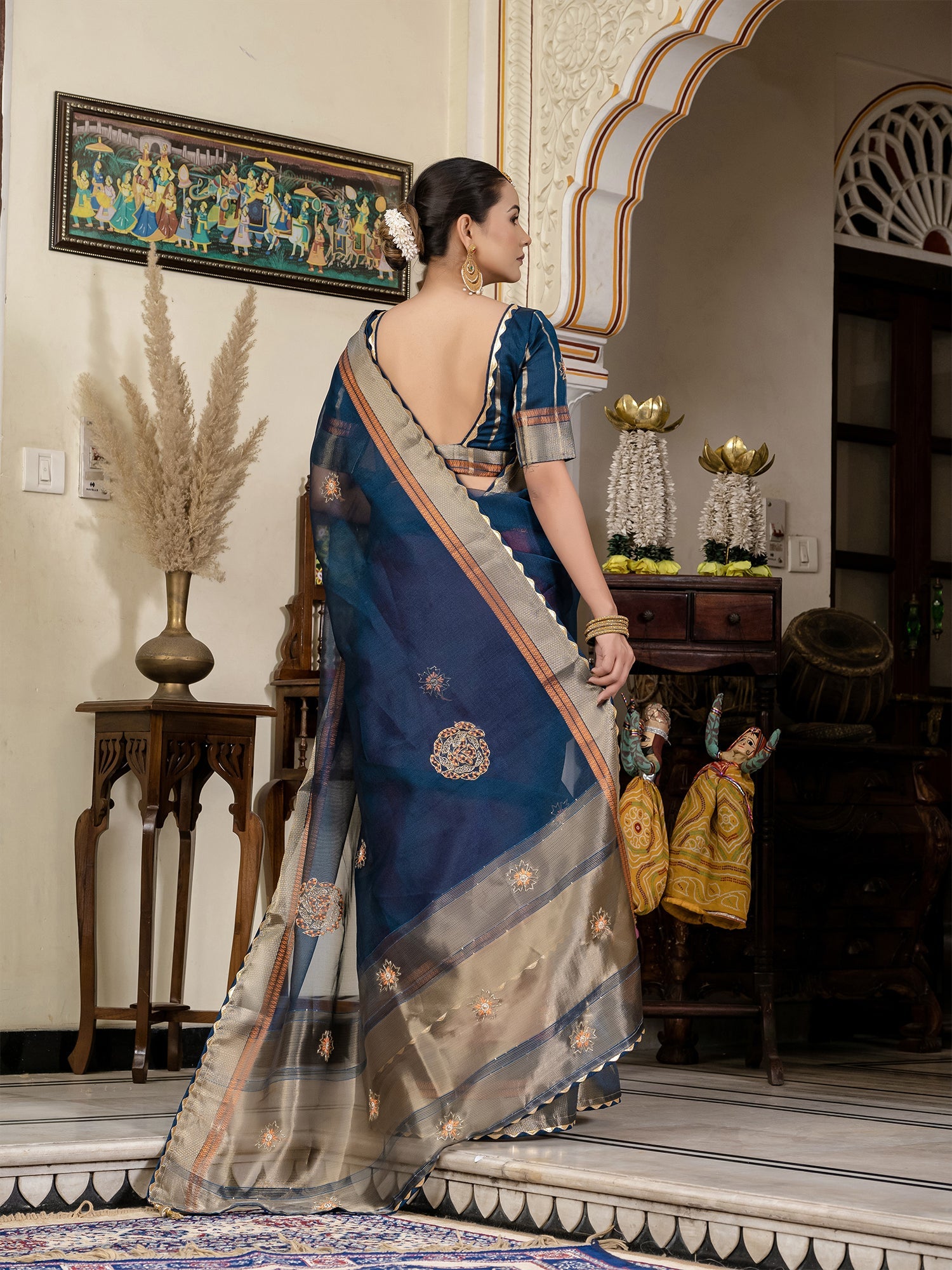 Blue Linen Woven Cutdana Work Saree