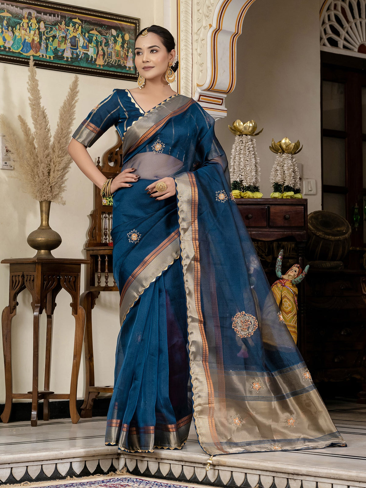 Blue Linen Woven Cutdana Work Saree