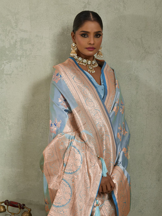 Blue Art Silk Meenakari Woven Saree