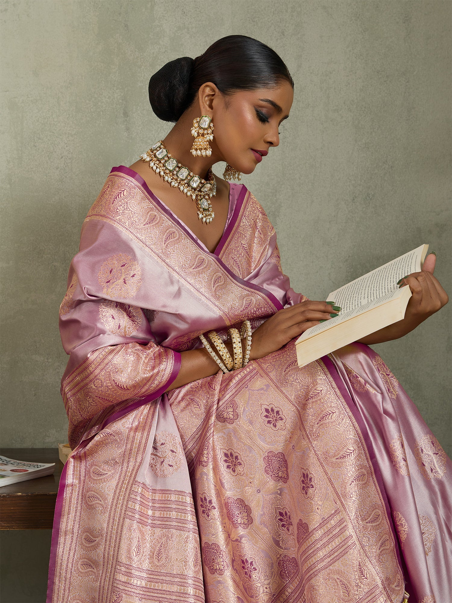 Pink Art Silk Meenakari Woven Saree