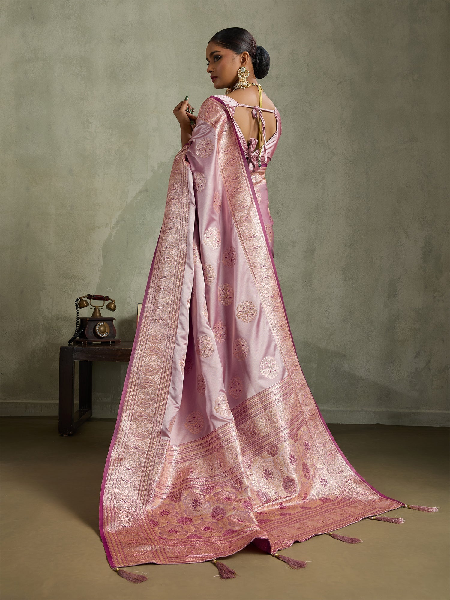 Pink Art Silk Meenakari Woven Saree