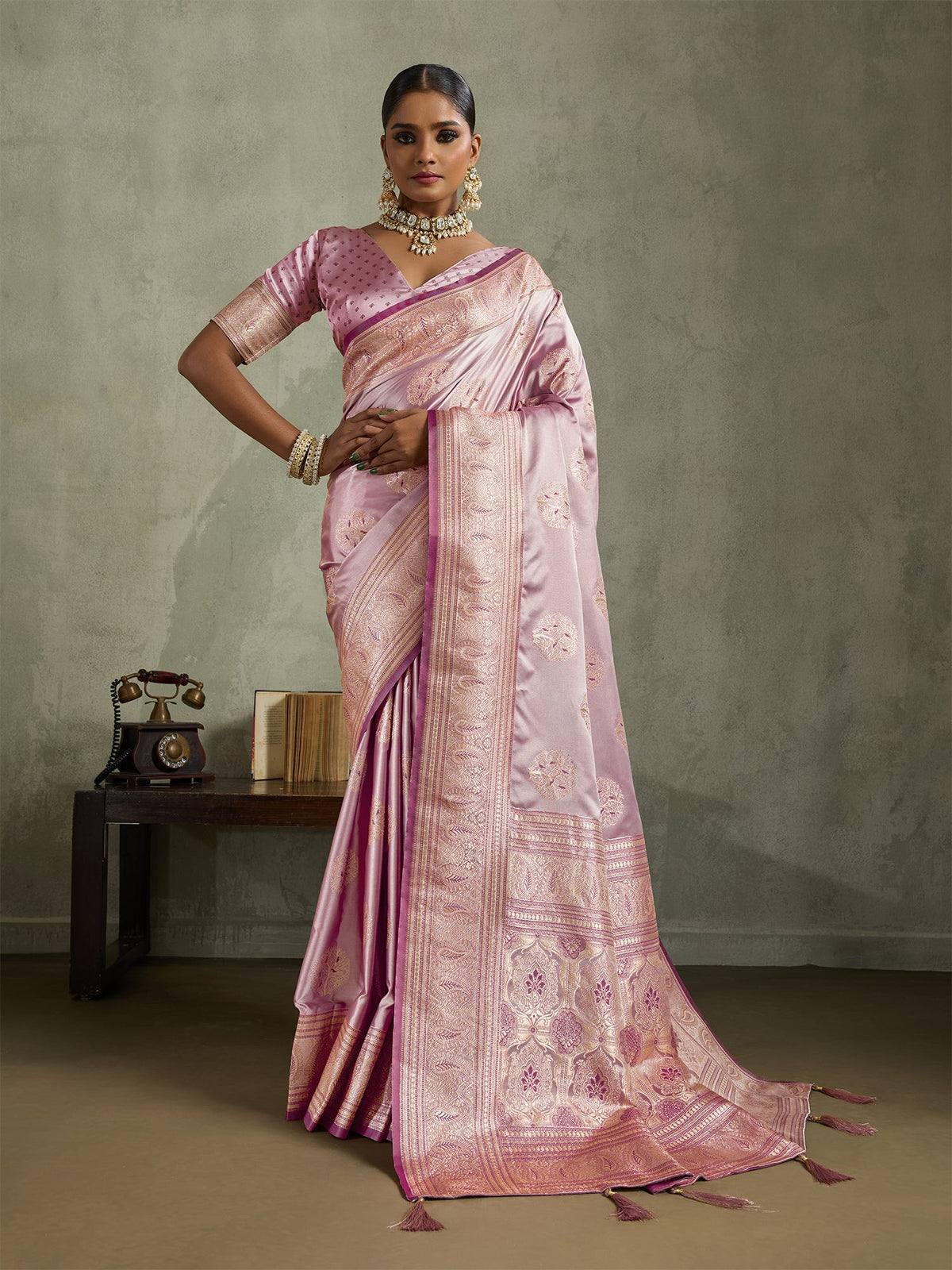 Pink Art Silk Meenakari Woven Saree