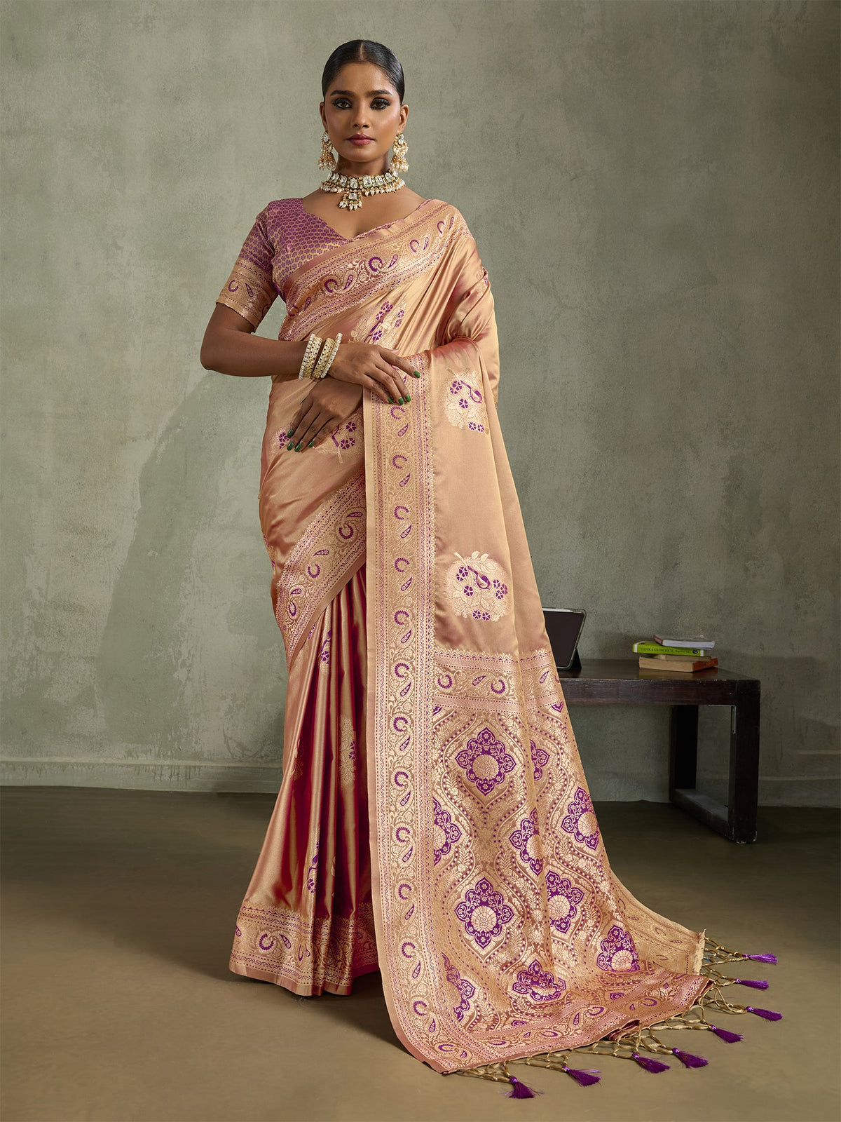Peach Art Silk Meenakari Woven Festive Saree