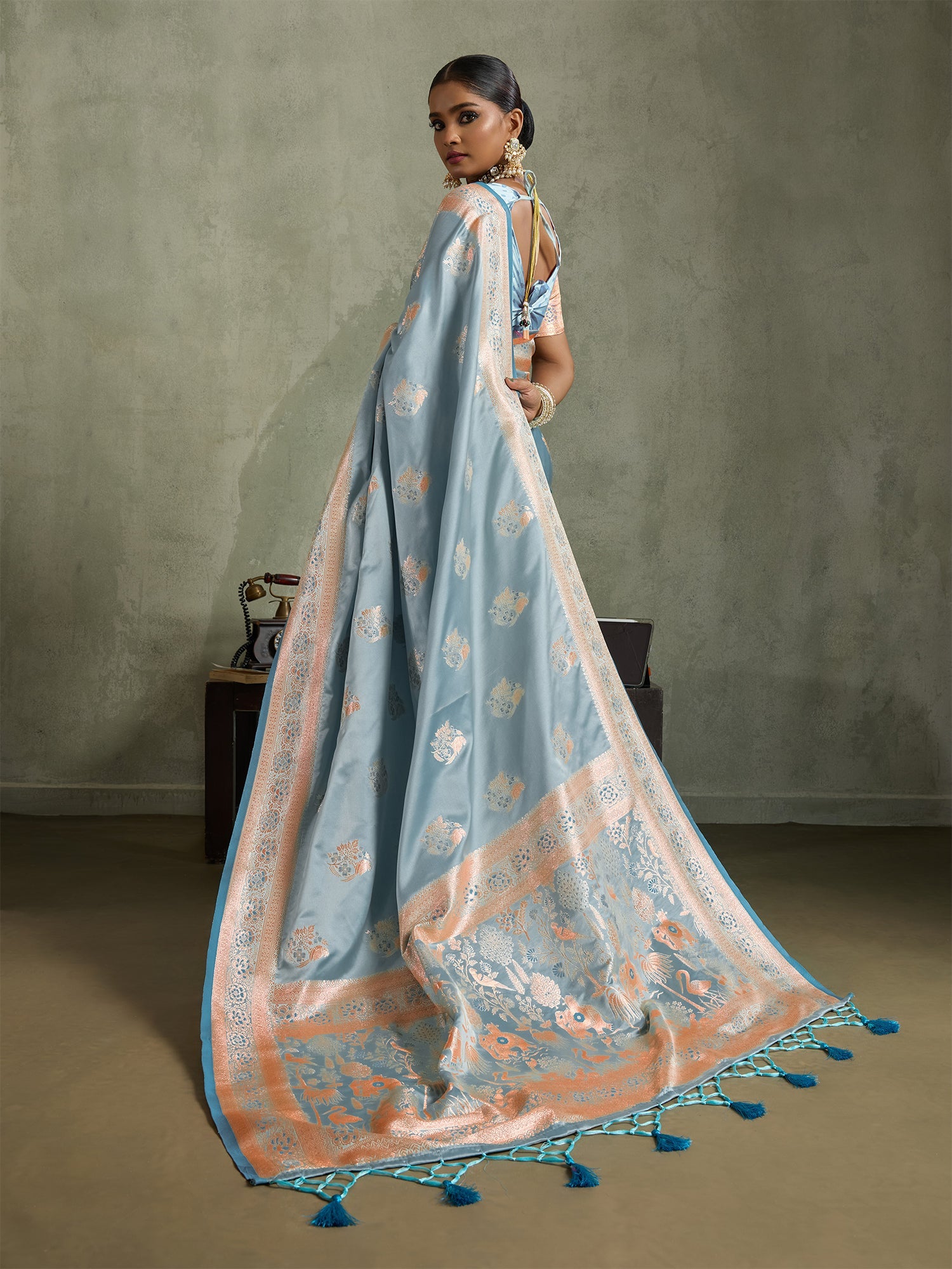 Light Blue Art Silk Meenakari Woven Saree