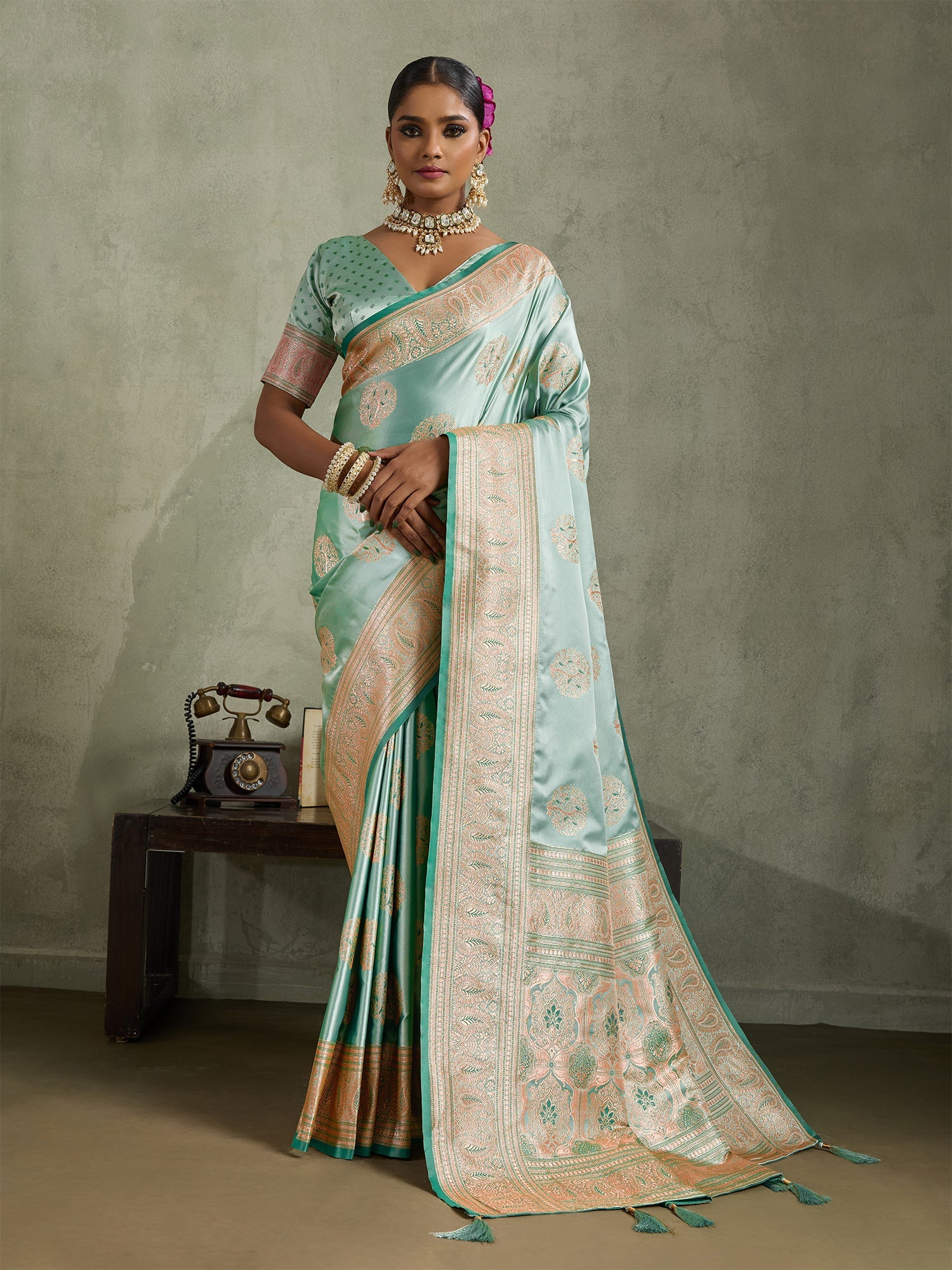 Sea Green Art Silk Meenakari Woven Saree