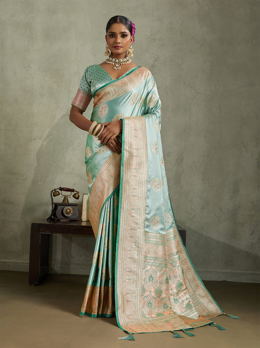 Sea Green Art Silk Meenakari Woven Saree