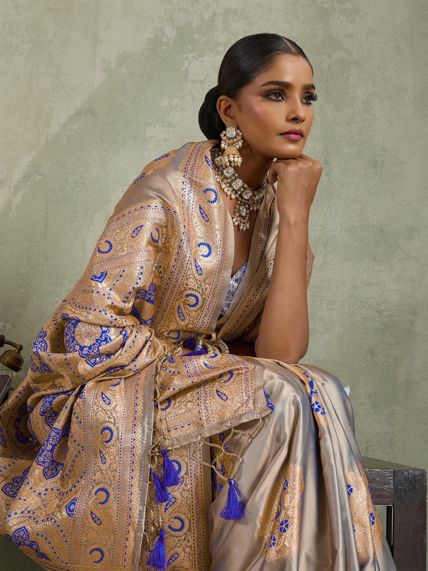 Grey Art Silk Meenakari Woven Saree With Blouse