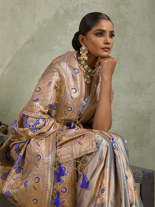 Grey Art Silk Meenakari Woven Saree With Blouse