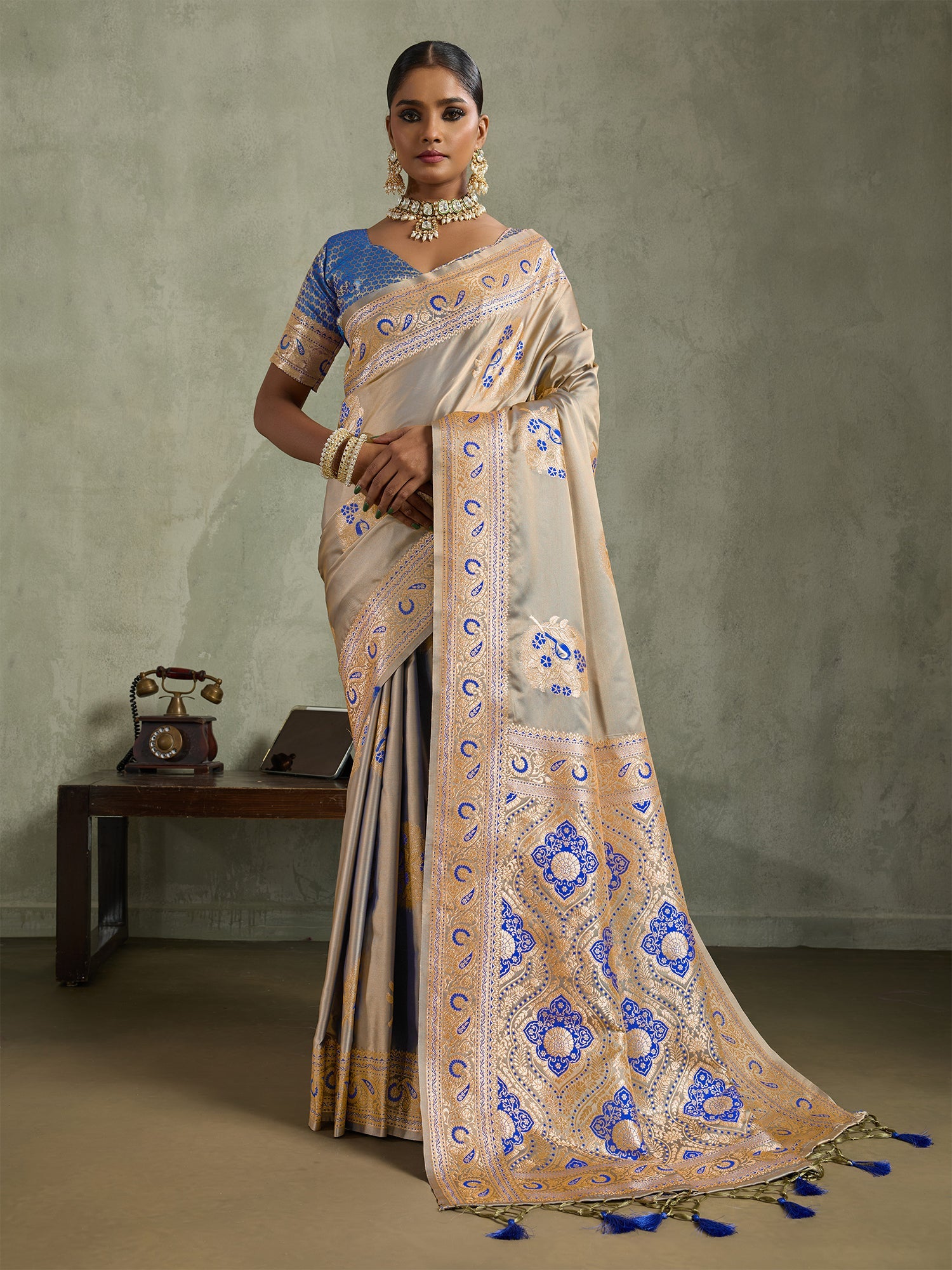 Grey Art Silk Meenakari Woven Saree With Blouse