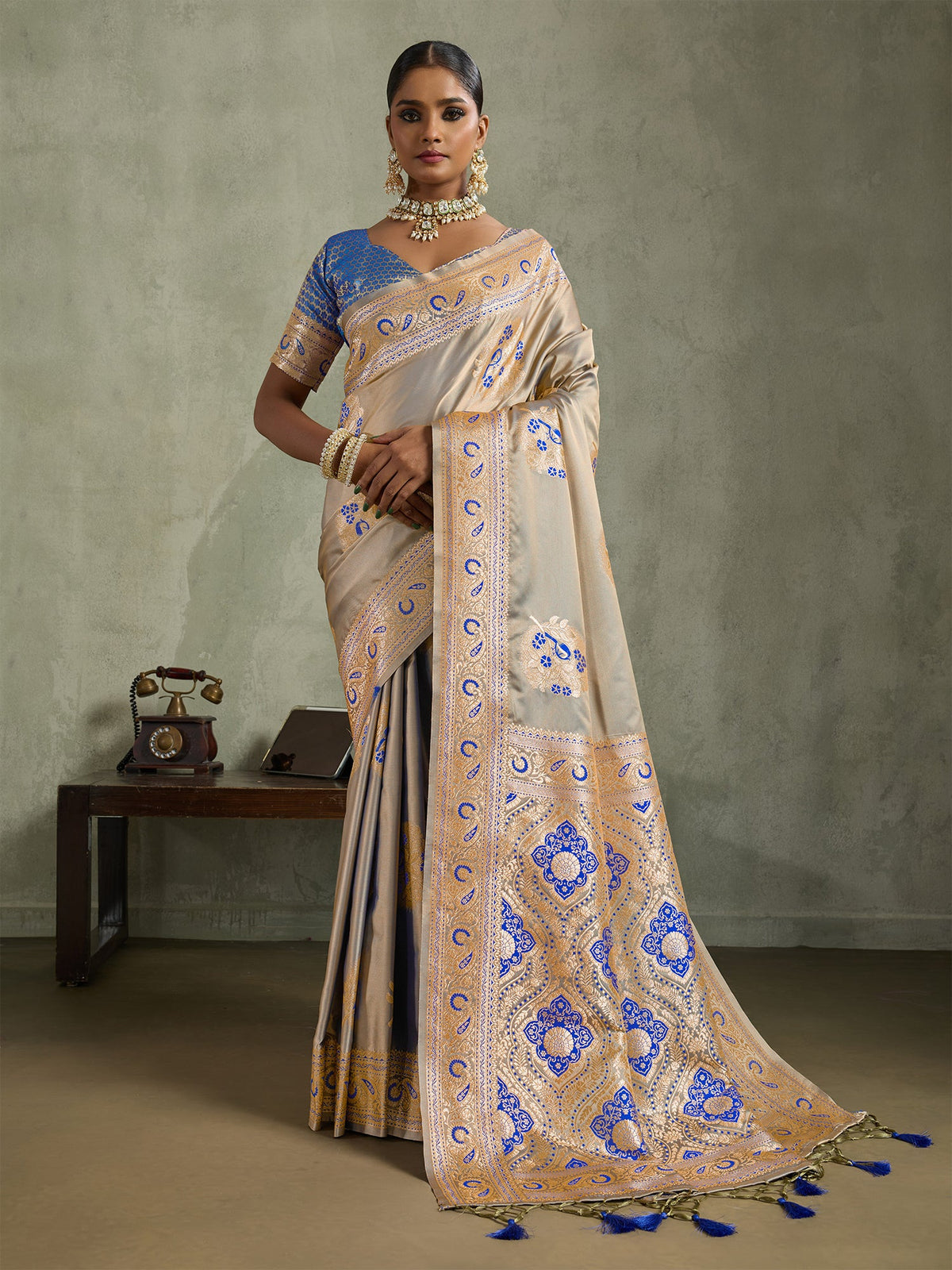 Grey Art Silk Meenakari Woven Saree With Blouse