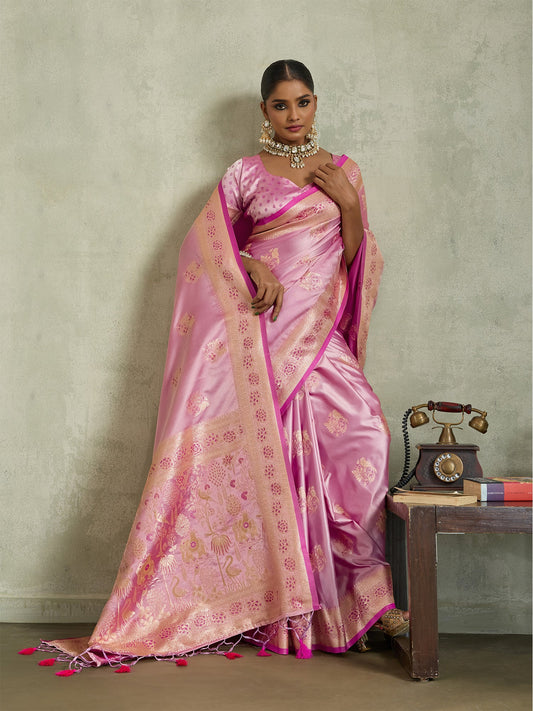 Baby Pink Art Silk Meenakari Woven Saree