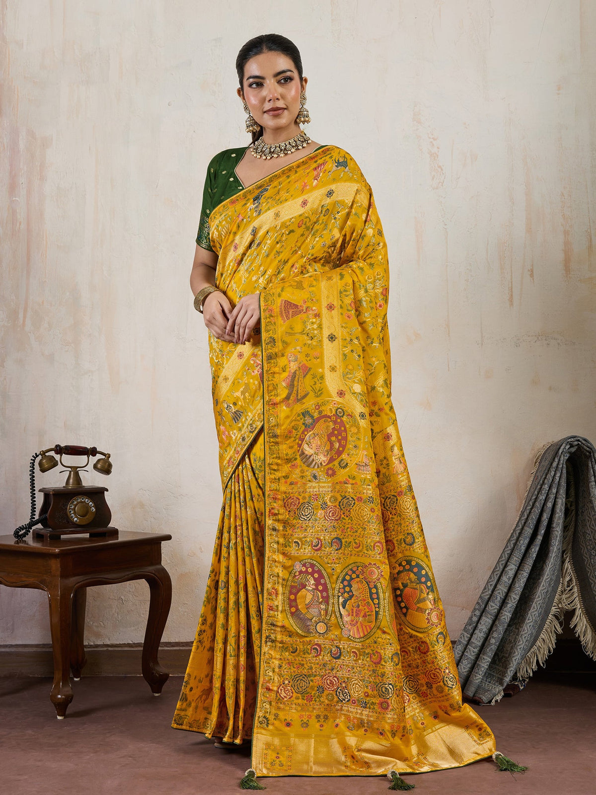 Yellow Silk Woven Meenakari Saree