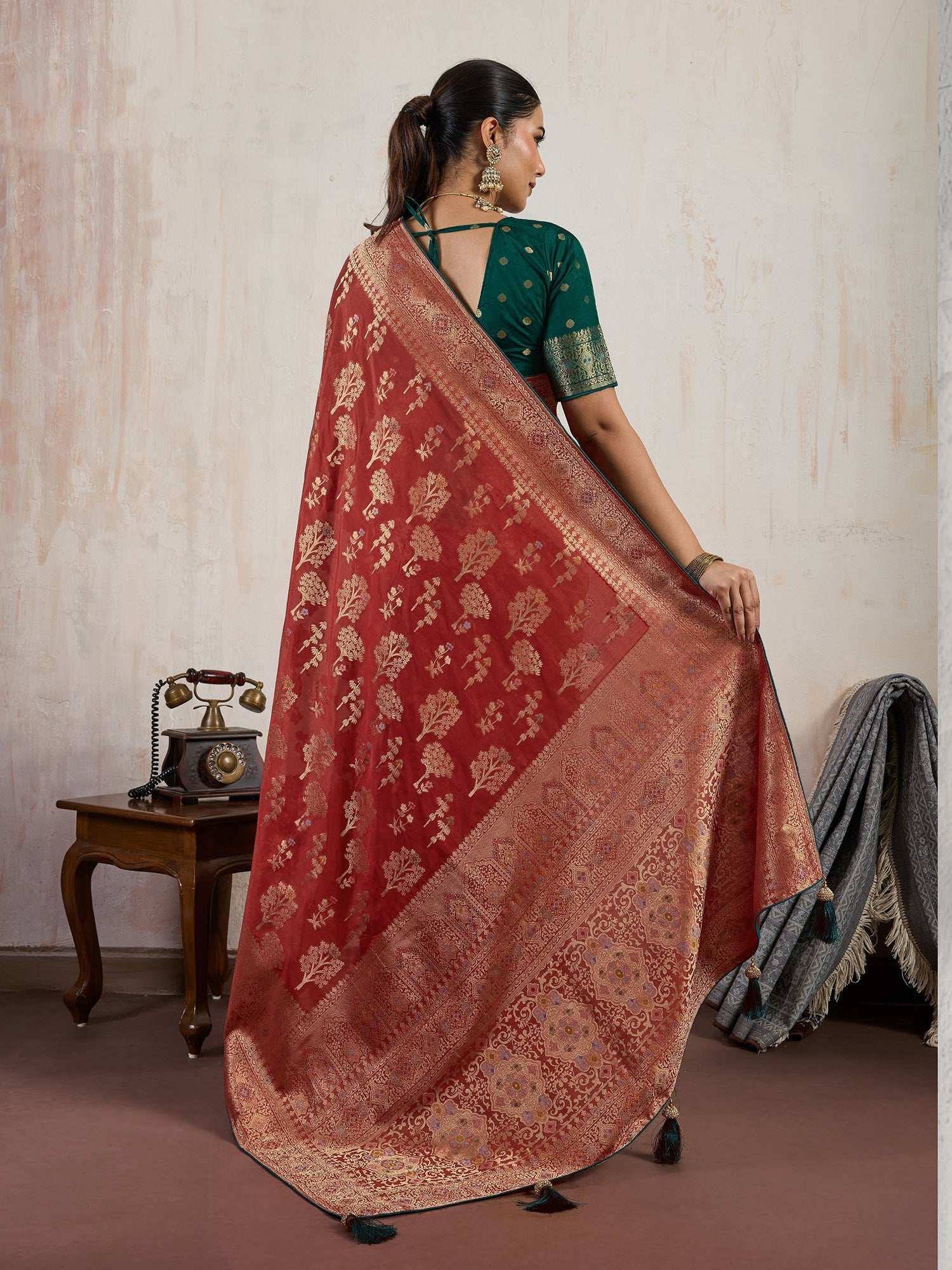 Red Self Woven Meenakari Silk Saree