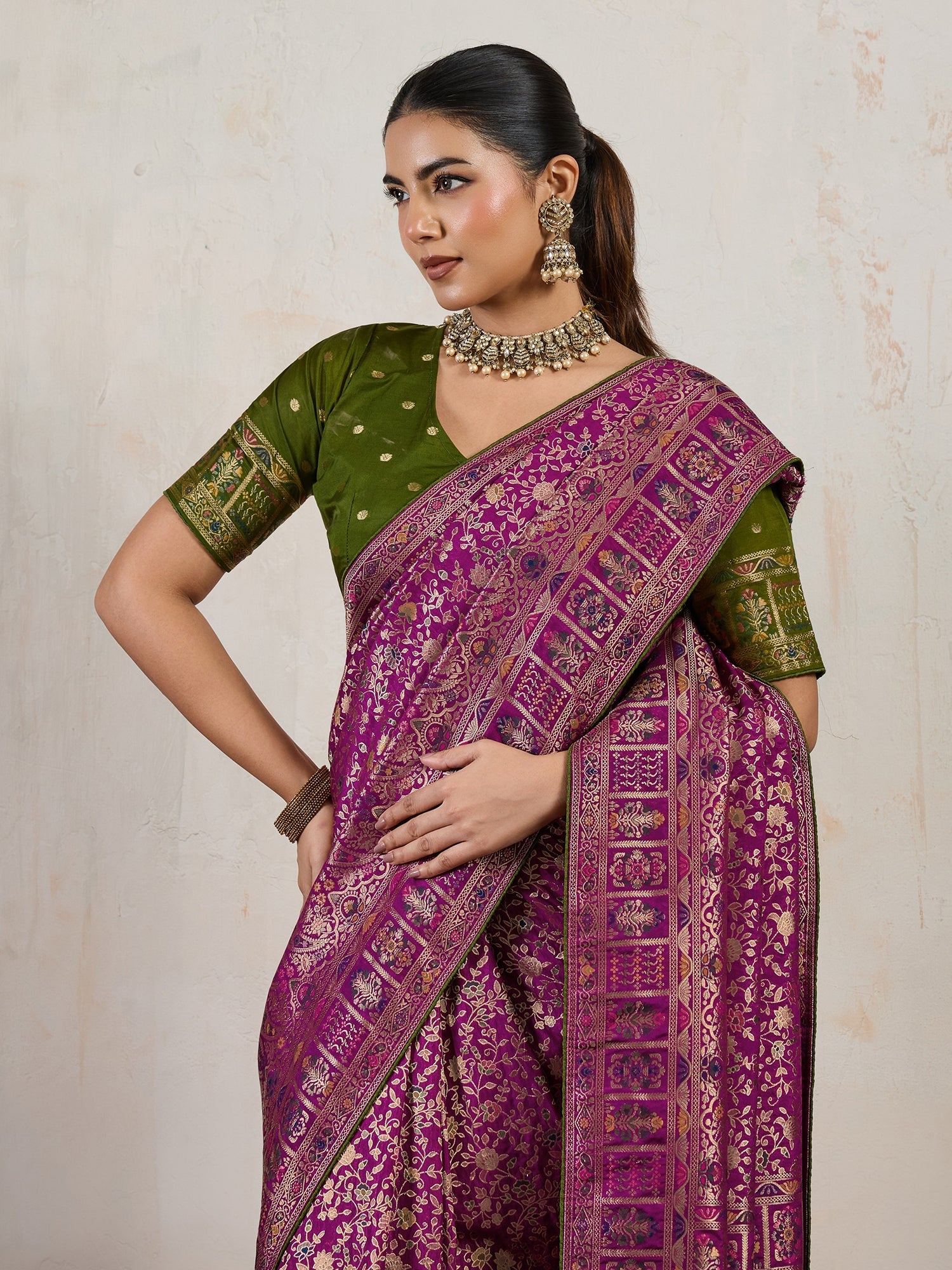 Magenta Silk Woven Meenakari Festive Saree